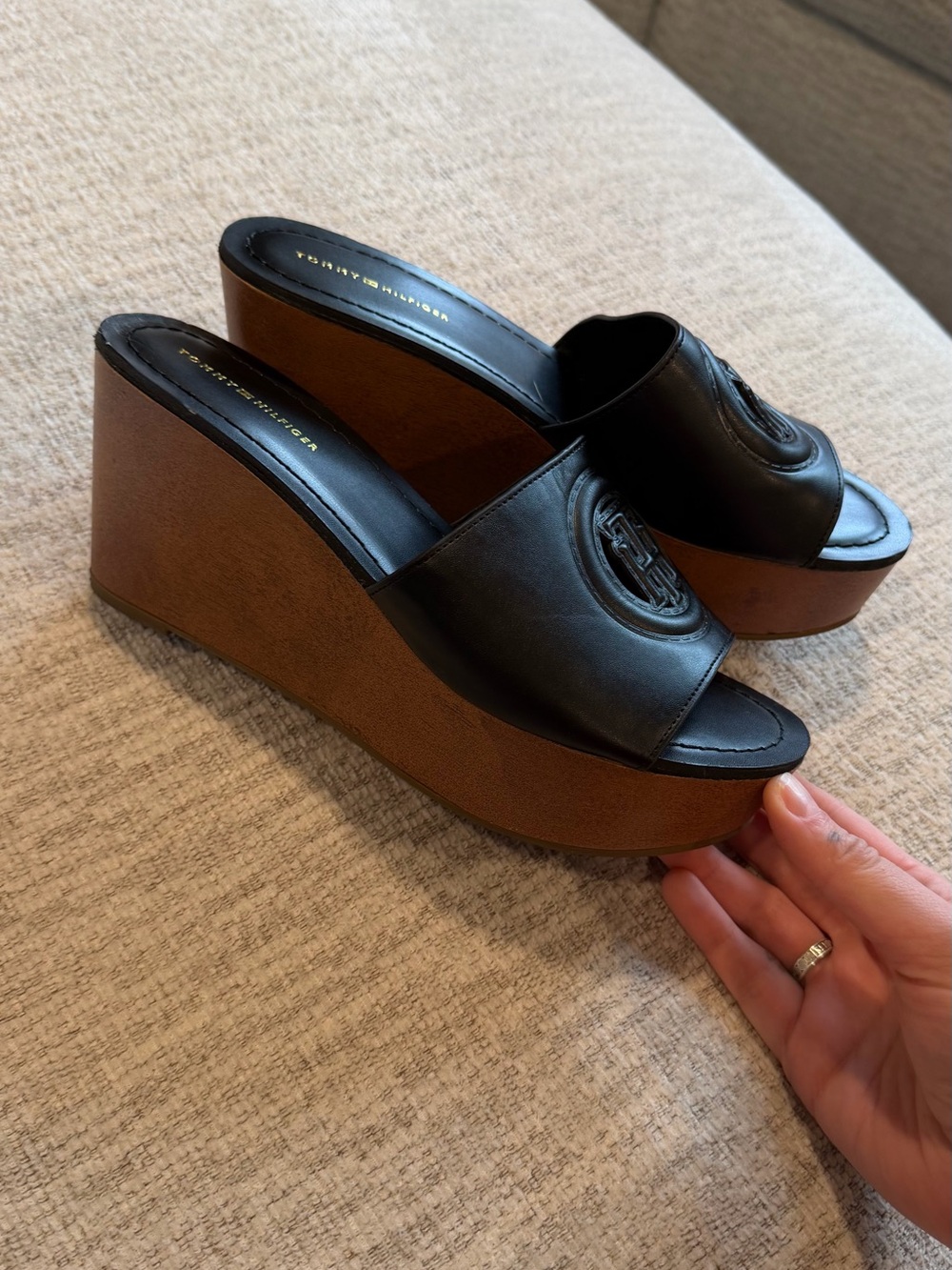 Tommy Hilfiger Black Leather & Brown Platform Wedge Slides